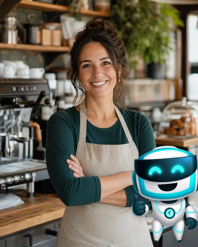 A cafe owner behind her counter with Bizbot giving a thumbs up