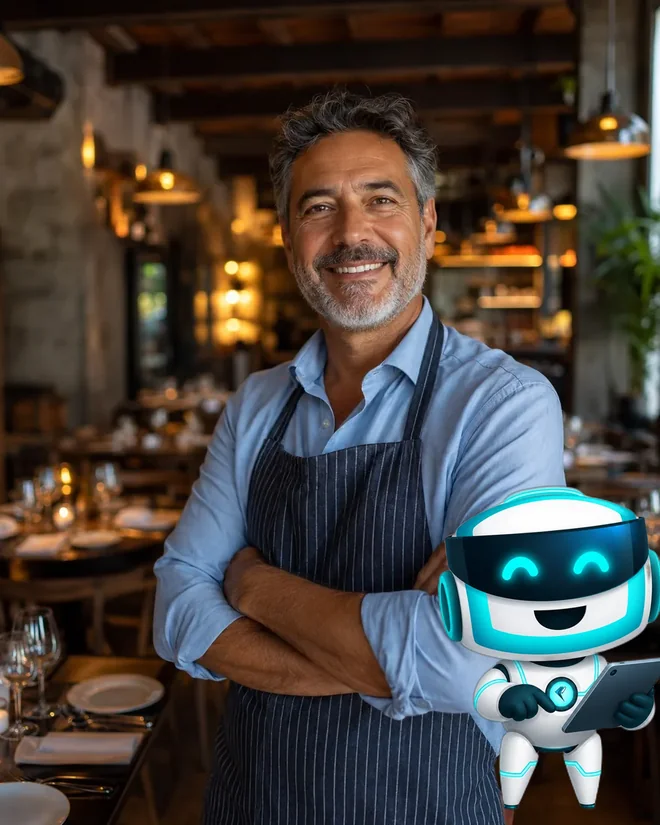 A restaurant owner in his dining room with Bizbot holding a tablet